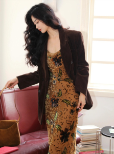 DANTING | Early Autumn Fashion Set Korean Style Commuter Charm Coffee Color Suit Jacket with Print Strap Dress
