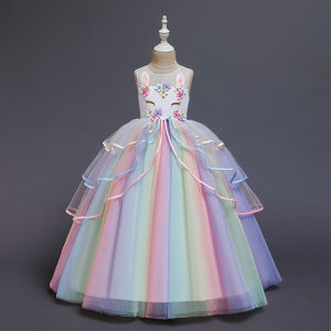 Kids Girls Dress Colorful Mesh Unicorn Princess Gown Children Festival Birthday Party Dresses