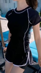 SURF READY STOCK swimming suit for women 游泳衣女装 2 Pieces Set Short Sleeve Short Pants women swimwear Breathable woman swimming suit Conservative Cover up Lean Split Pants student Girl Sports Swimsuit Hot springs 泳衣女