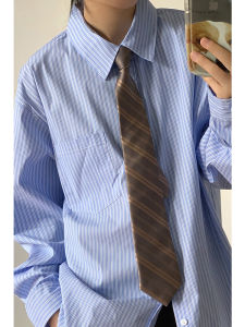 Lin Wanwan Spring & Fall Idle Style Blue and White Pinstripe Long Sleeves Shirt Boys and Girls Loose Cleanfit Shirt Coat