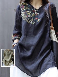 Retro Cotton Linen Embroidered Midi Shirt plus Size Womens Summer V-neck Slimming Casual Tea Service Top Loose Fit Style