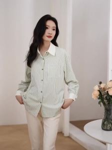 AMMIN Korean Style Color Block Turn-down Collar Fashion Green Vertical Striped Design Commuter Chiffon Blouse for Women 2025 Spring New Single-breasted Long Sleeve Elegant Blouse