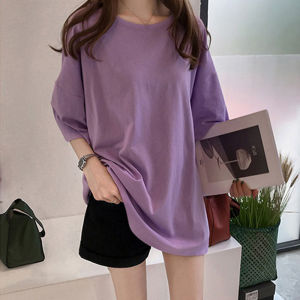 2024 Extra Large Womens T-shirt Pure Cotton Loose K-style Mid Length Long Sleeve Summer Clothing for 18-24 Years Old