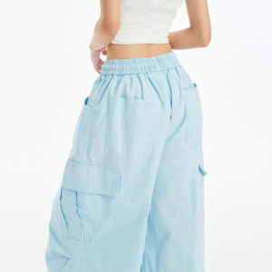 QIAOMIDUO | Blue Comfortable Womens Summer Thin Wide Leg Pants Casual Loose Workwear Trousers Sports Loose Fit Trousers For Women