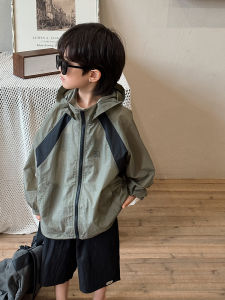 Korean Style Lightweight Childrens Sun Protection Clothing Summer Color Block Hooded Skin Shirt Polyester Fiber UV Protective Kids Outerwear