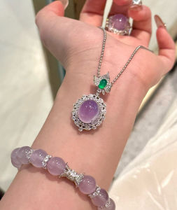 Non-Fading 925 Silver Purple Violet Natural A-Feeite Ice Pendant 18K Safe Lock Clasp Necklace for Women  World Style Fashion Jewelry