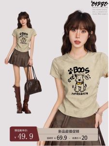 American Retro Short Sleeve T-Shirt Womens Summer Slim Waist Design Sensation Small Audience Short Top Fashionable plus Size