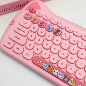 GEEZER | GEEZER Cat Ear Retro Round Keycaps Wireless Silent Keyboard Mouse Combo Cute Pink Cartoon Keyboard Set for Girls Office Laptop