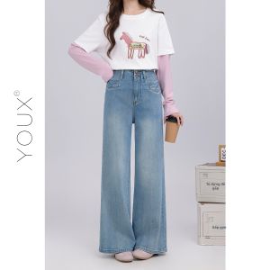 YOUXIANG | Quần Jeans Xanh Nhạt Dáng Rộng Cao Waist Vintage