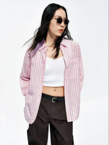 MO&Co. | Summer New Linen Cotton Shirt Light Loose Dropping Shoulder Embroidery Pink Brown Stripe