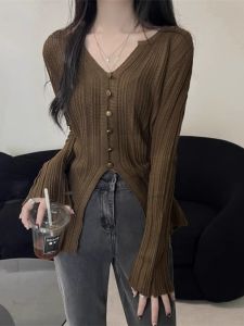 Elegant V-Neck Knitted Base Shirt Womens Fashion Inner Wear Split Stylish Top Korean Style Slim Fit Long Sleeve Pure Color