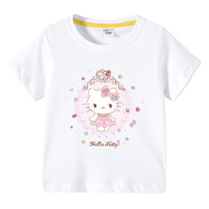 Hello Kitty Girls Short Sleeve Cotton T-shirt Thin Pure Cotton Summer Childrens Clothing Baby Cat Dress Breathable Sweat Absorbent