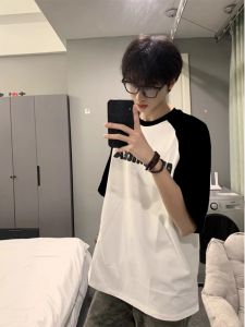 American Style round Neck Short Sleeve T-Shirt Pure Cotton Black White Splicing Half Sleeve High Letter Printing Summer Mens T-Shirt