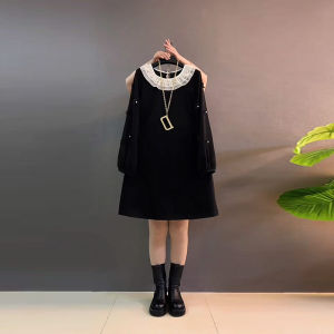 plus Size Lace Collar Beaded Waist Cinching Midi Dress Color Block French Hepburn Style Little Black Dress for plus Size Women