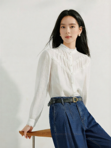 INMAN | Flax Linen French Lace Collar Long Sleeve Womens Shirt for Layering