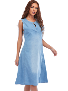 ชุดเดรสสีพื้นสไตล์ใหม่ฤดูใบไม้ผลิและฤดูร้อน แขนกุด ทรงหลวม กระโปรงทรงเอ ผ้าเดนิม สำหรับผู้หญิง