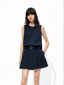 MO&Co. | Pinafore Dress with Vertical Stripes and Belt