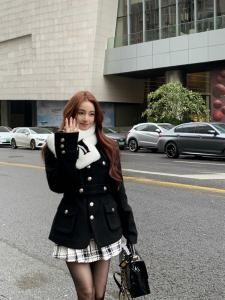 Áo Khoác Len Nữ Dáng Ôm Dài Tay Dài Mùa Thu Đông Váy Midi Chữ a Cạp Cao Ba Mảnh Phong Cách Hàn Quốc Thường Ngày