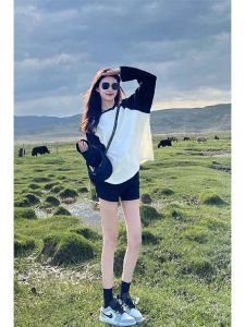 chaqi | American Retro Long Sleeve Womens Base Shirt Loose Outerwear Spring Autumn Trendy Casual Comfortable T-shirt Commute Style