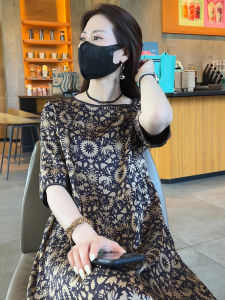 Summer New Heavyweight Silk Dress Womens Mulberry Silk Fashionable Long Dress Midlife Mom Elegant A-Line Gown round Neck Print