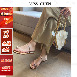 รองเท้าแตะส้นแบน ZHZG Morning Miss Summer 2024 สำหรับผู้หญิง สายรัดแบบสวมหัว ประดับเพชร ทรงหัวเหลี่ยม รองเท้าแตะแบบสวมสบายสำหรับใส่ไปกลางแจ้ง