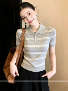 Color Block Striped Polo Knit T-shirt Summer