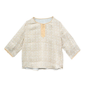 WUSEWUWEI | New Arrival Colorless Odorless Yellow House Hemp Print Casual Round Neck Splice Seven Sleeve Shirt Comfortable Loose Fit Womens Top