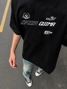 เสื้อยืดคอกลมแขนสั้นผ้าฝ้ายแท้สไตล์อเมริกันสำหรับผู้ชาย ทรงหลวม แฟชั่นฤดูร้อน สีดำ เสื้อครึ่งแข้ง