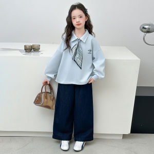 MPW | Trendy Korean Style Girls Spring Autumn Outfit Scarf Hoodie Jeans Two Piece Set Childrens Fashionable Clothing Ensemble