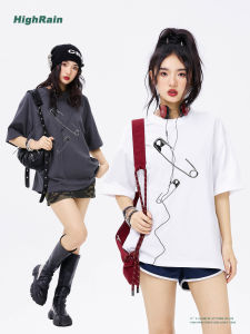 เสื้อยืดแขนสั้นผู้ชายผ้าฝ้ายหลวมพิมพ์ลาย High Rain ทรงหลวม ทรงปกติ ฤดูร้อน ป้องกันแบคทีเรีย แฟชั่นเสื้อยืด