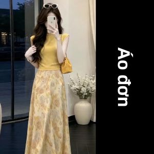 PEIZIXUAN | Bộ Đầm Hoa Màu Vàng Phong Cách Pháp Mùa Hè