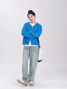 Nurture One | Áo Khoác Len Hoodie Cúc Dây Đuôi Tôm Màu Hồng Nhạt Phong Cách Thu Mùa Ngắn Rộng