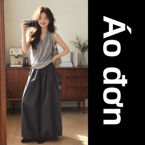 SENWA | Bộ Đồ Nữ Kiểu Hàn Quốc Áo Xám và Quần Ống Rộng