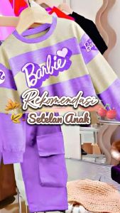 Setelan Anak Perempuan Model Long Sleeve dan Celana Cargo Motif Barbie Terbaru Usia 1-8 Tahun