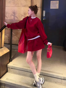 สีแดง เสื้อสเว็ตเชิ้ต ชุด ผู้หญิง ฤดูใบไม้ผลิ ฤดูใบไม้ร่วง ลำลอง สไตล์สปอร์ต มินิ กระโปรง ชุดสองชิ้น ผ้าฝ้าย คอกลมแขนยาวสไตล์วินเทจ