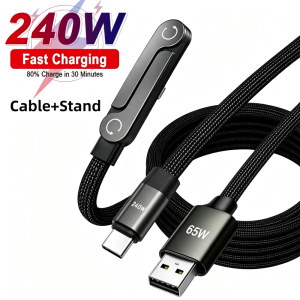 240W PD Fast Charging USB to Type C Cable Foldable Phone Stand Braided Charger Cord For iPhone 17 16 15 Mobile Game Holder Cable