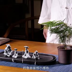 ▶1Pcs Aquarium Mini Fisherman Statue Asian Zen Home Decoration Fish Tank Garden Sitting Fishing Sandstone Vintage Ornament