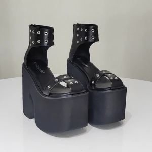 Gdgydh Summer Wide Fit Heeled Sandals Women Metal Rivet Punk Wedge Heels Platform Sandals Ankle Strap Ladies Cosplay Shoes