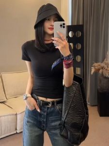 Black round Neck Shoulder Short Sleeve T-shirt Female Summer 2024 New Arrival Fashion Western Style Slim Fit Slim Looking Casual All-Matching Tops