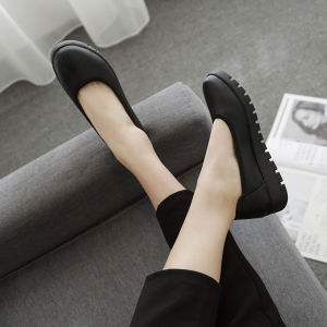 รองเท้าทำงานหนังแท้สำหรับผู้หญิง รองเท้าส้นแบนแบบสวมสบาย หนังเนื้อนุ่ม พื้นหนา พื้นยาง สายรัดยางยืด รองเท้าทำงาน