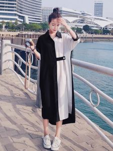 Plus Size Ladies Plus Size K-style Sense of Design Shirt Dress Female Summer Simplicity Contrast Color Loose Slim Looking below the Knee Long Dress