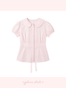 DIY Pink Collared Puff Sleeve Fitted Waist Tie Lace Blouse