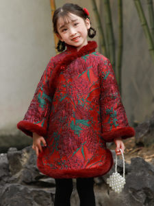 Thickened Winter Childrens Cheongsam Red New Year Girls Hanfu Dress Baby Tang Suit Long Sleeve Low Slit Polyester Fiber