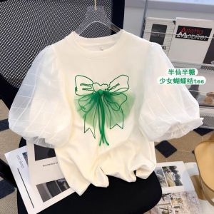 Children King Tshirt for Kids Girls Women Teenage Summer Puff Short Sleeve Princess Bow White Baby Clothes Tops 2023 INS Korean Style Sports Blouse Hip Hop School Jersey baju budak perempuan