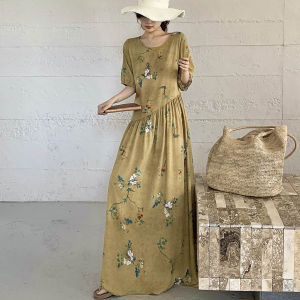 French Vintage Brown Puff Sleeves Summer Loose Fit Slimming Dress