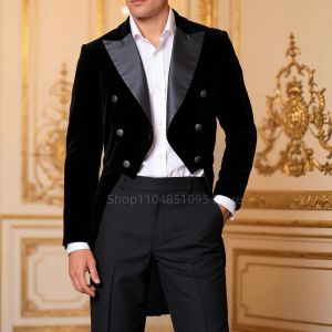 Black Velvet Tailcoat Suit Jacket Male Double Breasted Wedding Groom Tuxedo Peak Lapel Blazer Men Party Stage Prom Costume