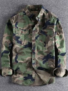 Camouflage Workwear Shirt Double Pocket American Style Loose Fit Casual Cotton Long Sleeve Button Decorated Youth Popular Spring Autumn Wear