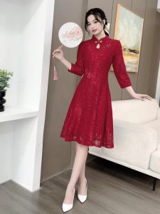 Elegant Red Wedding Dress Cheongsam Qipao Young Festive Matron of Honor Costume Autumn High Quality Gown Short Slant Collar