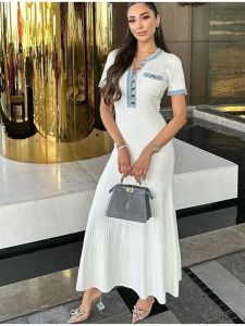 Elegant V Neck Denim Patchwork Knitted Long Dress Women Fashion Short Sleeved Buttons Bodycon Dresses Office Lady Pockets Robes