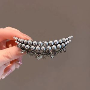 French Style Pearl Crystal Crescent Spring Clip Womens Back of Head Half-tied Hair Clip High-end Elegent Hair Accessories